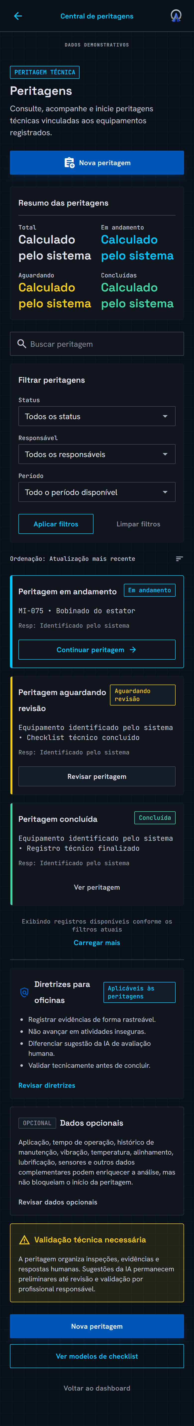 Tela de peritagens e relatórios técnicos do MotorDiag AI