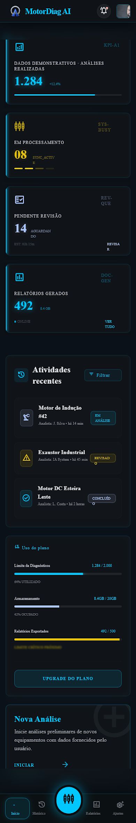 Tela Dashboard do MotorDiag AI — demonstração conceitual da interface