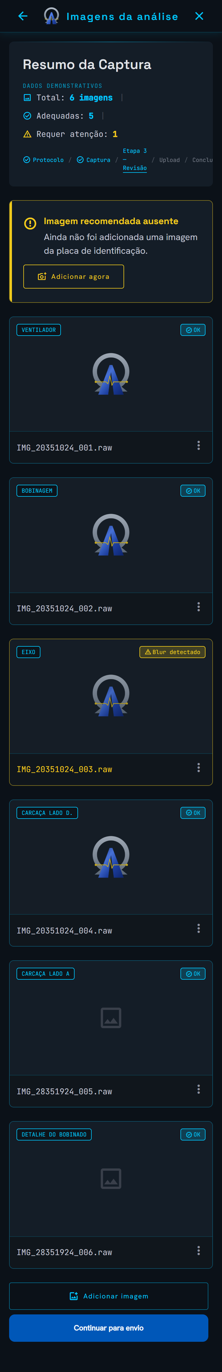 Galeria de evidências da análise no MotorDiag AI