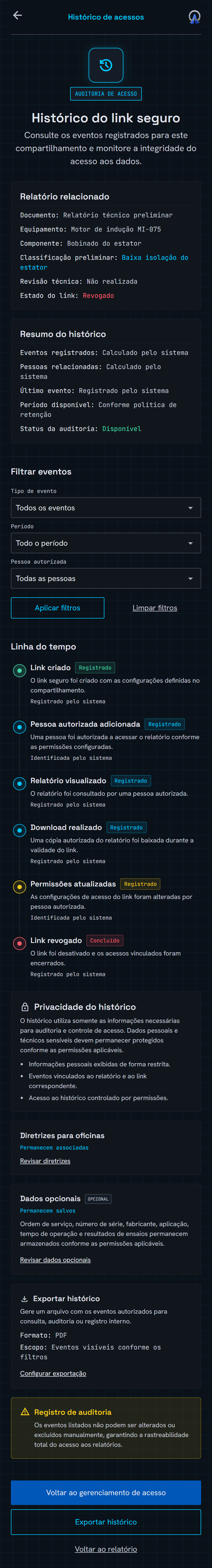 Tela de histórico de equipamentos do MotorDiag AI