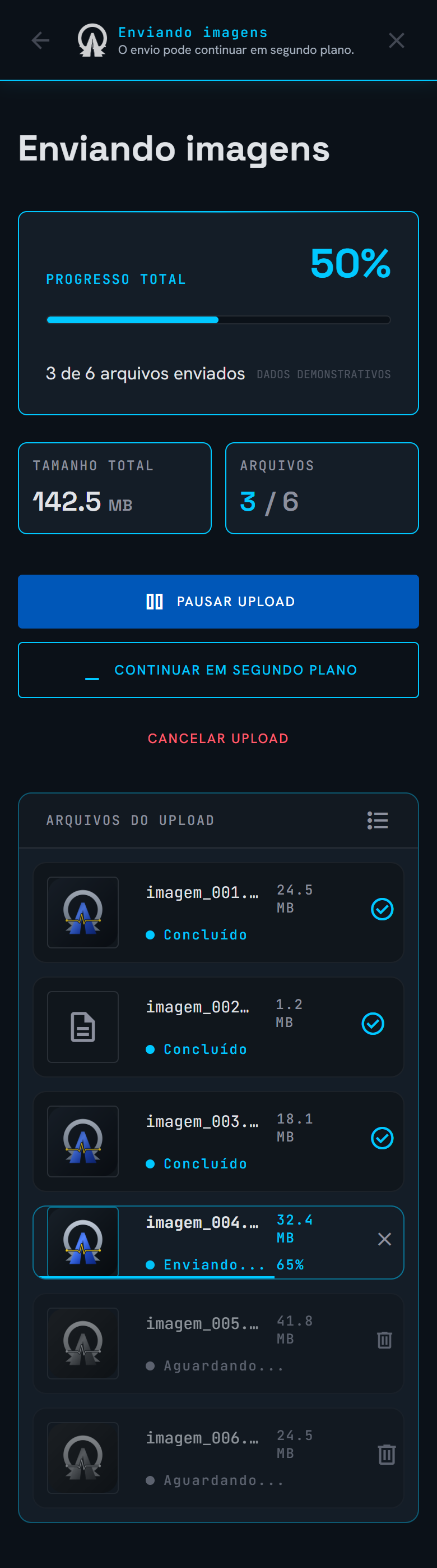 Tela Envio de imagens do MotorDiag AI — demonstração conceitual da interface